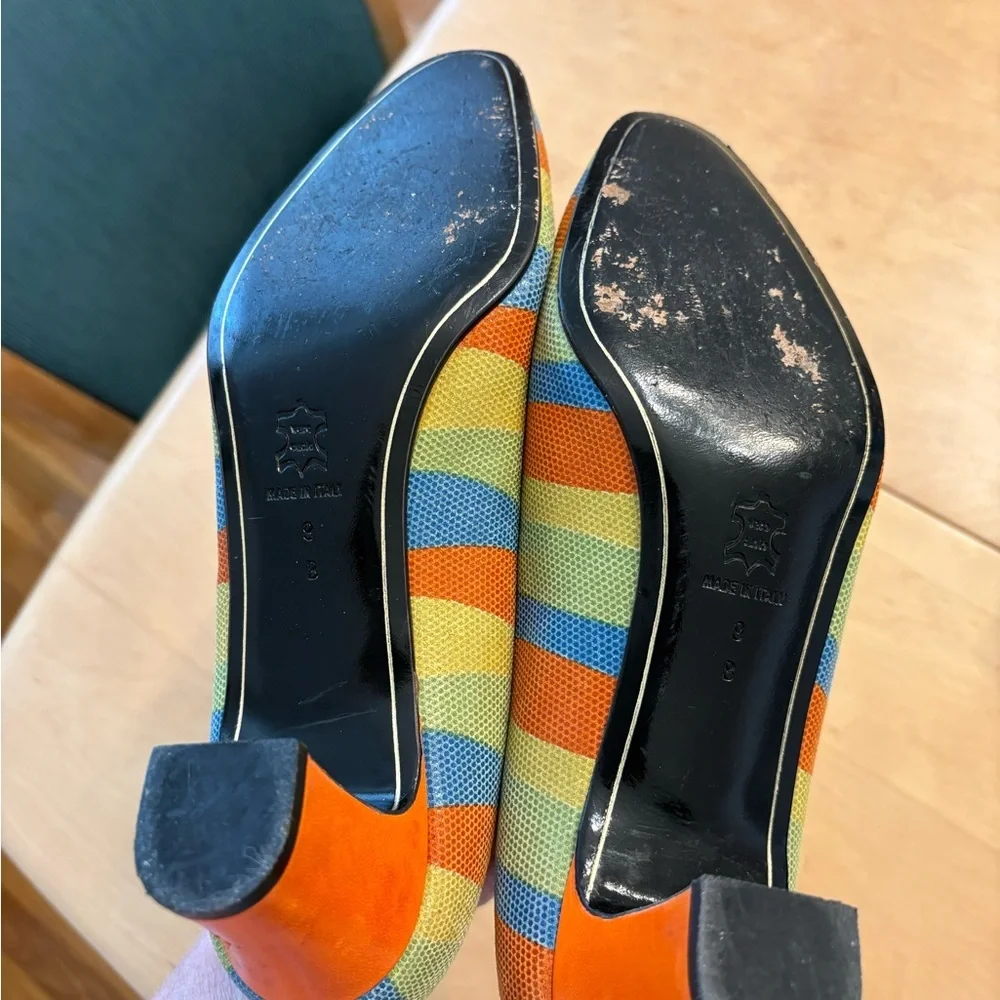 Versani Striped Blue, Orange & Yellow Pointed-Toe Pumps. Size 9